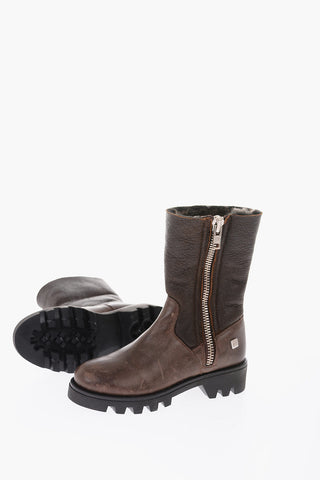 textured leather boots with real fur inner