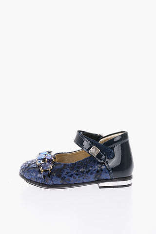 leather Mary Jane ballet flats with bezels and touch strap closure