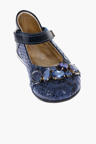 leather Mary Jane ballet flats with bezels and touch strap closure