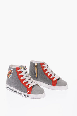 leather and fabric high top sneakers with side zip