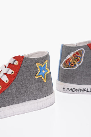 leather and fabric high top sneakers with side zip
