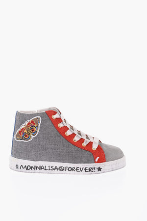 leather and fabric high top sneakers with side zip