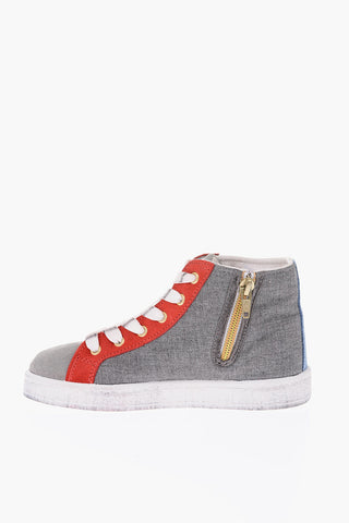 leather and fabric high top sneakers with side zip