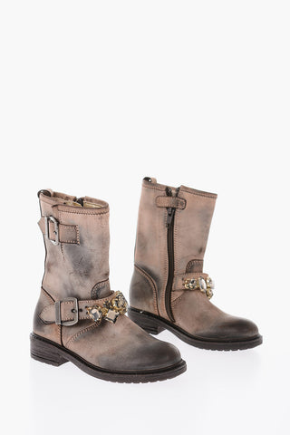 leather biker boots with bezels