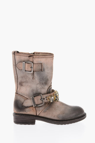 leather biker boots with bezels