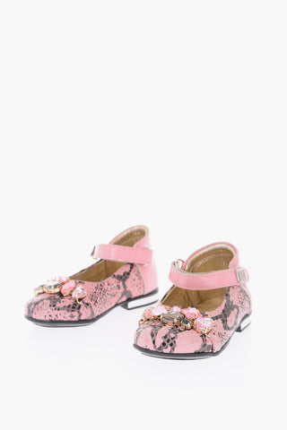 leather Mary Jane ballet flats with bezels and touch strap closure