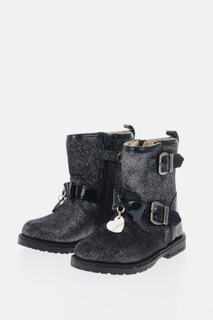 glitter biker booties with bow on the front