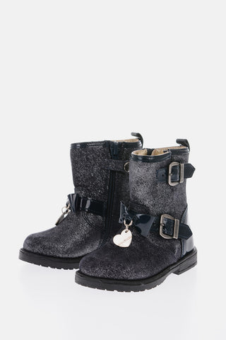 glitter biker booties with bow on the front
