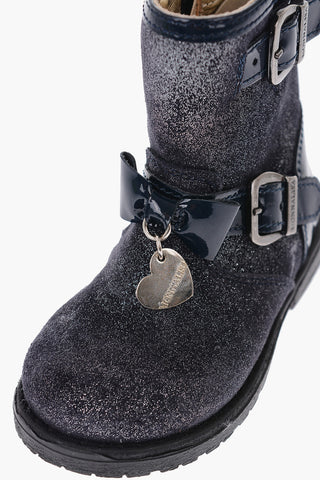 glitter biker booties with bow on the front