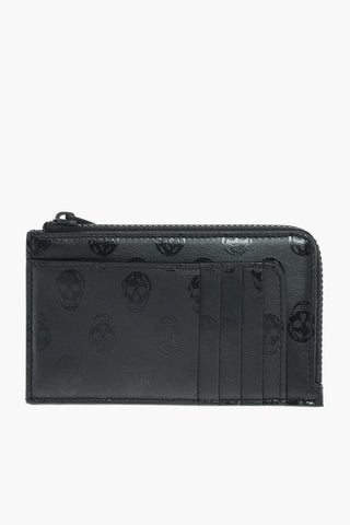skulls printed leather card holder with zip closure