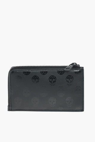 skulls printed leather card holder with zip closure