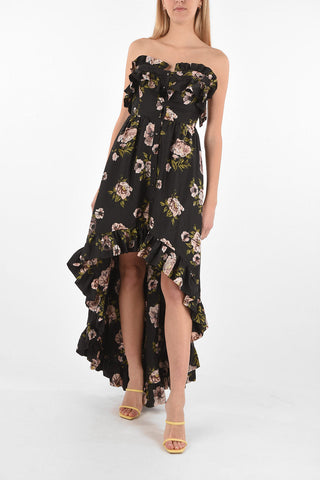 COUTURE EST.1978 floral patterned silk asymmetrical strapless APPEAL dress with ruffle