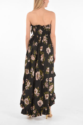 COUTURE EST.1978 floral patterned silk asymmetrical strapless APPEAL dress with ruffle