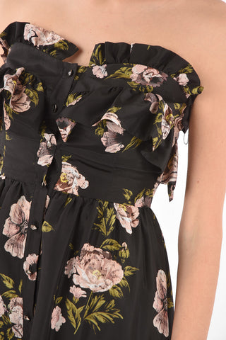 COUTURE EST.1978 floral patterned silk asymmetrical strapless APPEAL dress with ruffle
