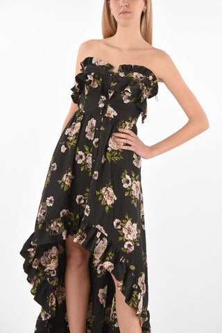 COUTURE EST.1978 floral patterned silk asymmetrical strapless APPEAL dress with ruffle