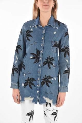 COUTURE EST.1978 palm tree printed denim ALOHA maxi shirt