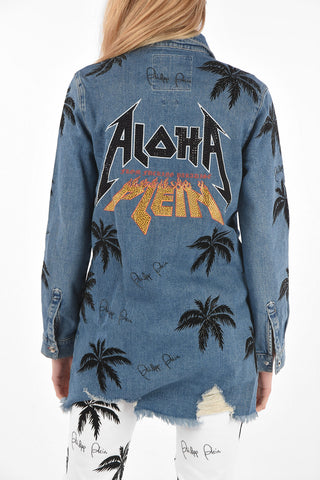 COUTURE EST.1978 palm tree printed denim ALOHA maxi shirt