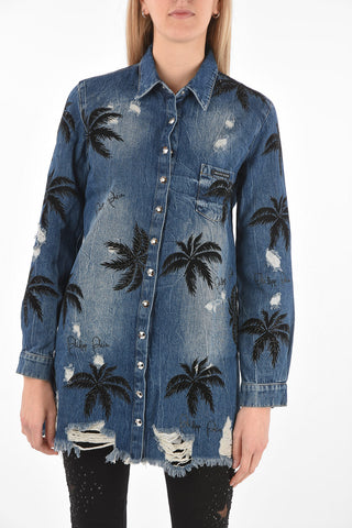 COUTURE EST.1978 palm tree printed denim ALOHA maxi shirt