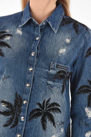 COUTURE EST.1978 palm tree printed denim ALOHA maxi shirt
