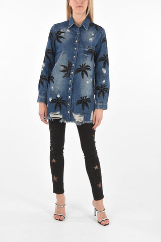 COUTURE EST.1978 palm tree printed denim ALOHA maxi shirt