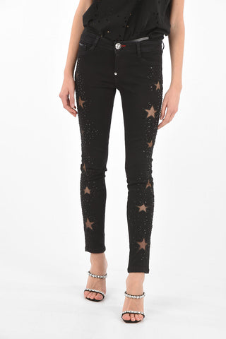  	all over crystal slim fit KEIRA SYLL jeggings with sheer details