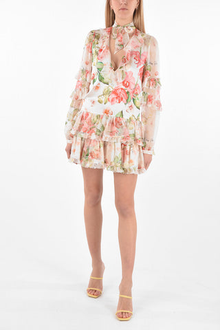 COUTURE Floral printed Chiffon Dress with Plunging Neckline