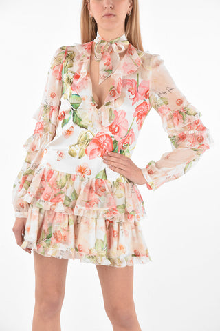 COUTURE Floral printed Chiffon Dress with Plunging Neckline
