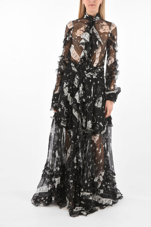 COUTURE EST.1978 vestito floor a balze trasparente in seta collo con fiocco