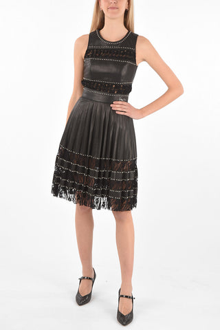 COUTURE EST.1978 레더 스터드 드레스 LACE 플리츠 스커트 및 레이스 디테일