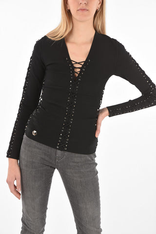 COUTURE EST.1978 top manica lunga lace up con borchie