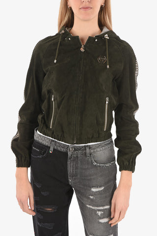 COUTURE EST.1978 suede leather LET'S GET OUT crop jacket with studded profiles