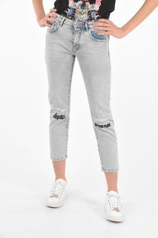 stretch denim cropped jeans with embroideries