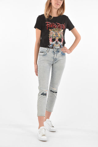 stretch denim cropped jeans with embroideries