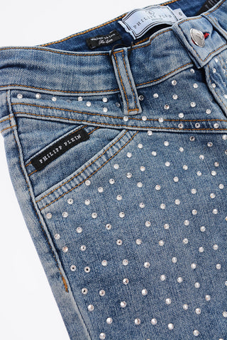 EST.1978 stretch denim shorts with rhinestone embellishment