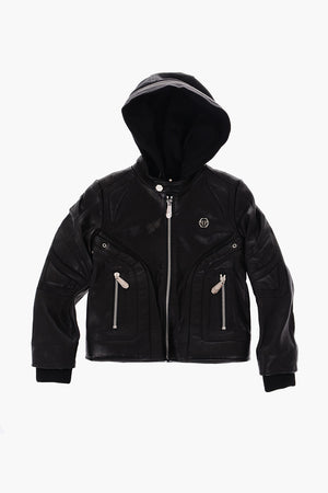 leather bomber with removable hood