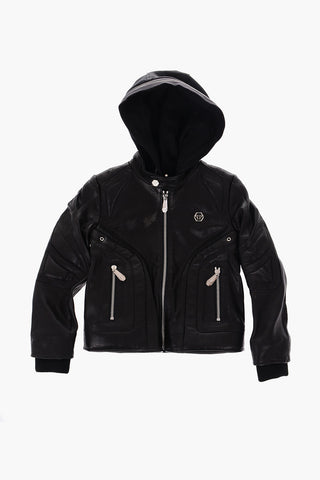 bomber in pelle con cappuccio removibile