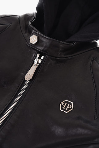 bomber in pelle con cappuccio removibile