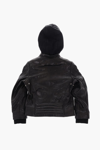 bomber in pelle con cappuccio removibile