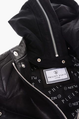bomber in pelle con cappuccio removibile
