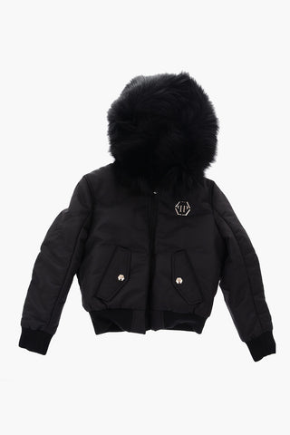 real fur hooded bomber with skull on the back