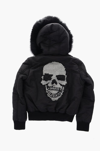 real fur hooded bomber with skull on the back