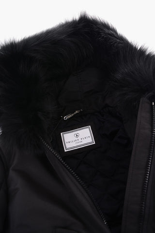 real fur hooded bomber with skull on the back