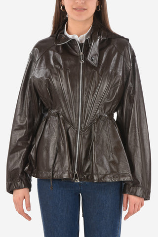 Openwork Hood Drawstring Leather Jacket