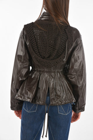 Openwork Hood Drawstring Leather Jacket