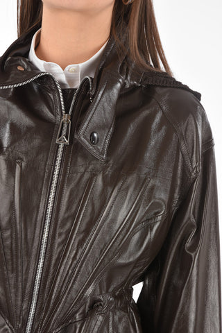 Openwork Hood Drawstring Leather Jacket