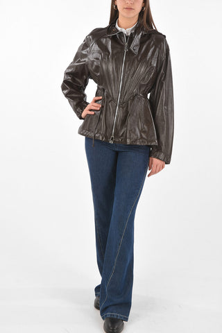 Openwork Hood Drawstring Leather Jacket