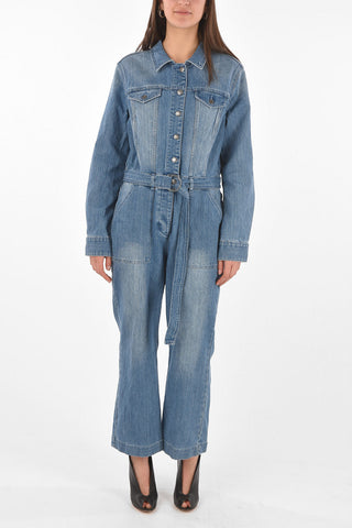 Long-sleeved Belted Denim Jumpsuit