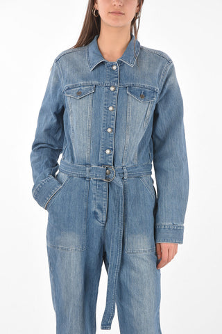 Long-sleeved Belted Denim Jumpsuit