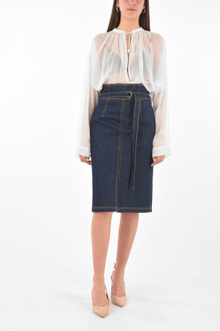 Longuette in Denim con Cintura e Zip Posteriore