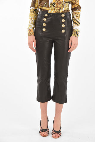 Pantaloni Cropped in Pelle con Bottoni